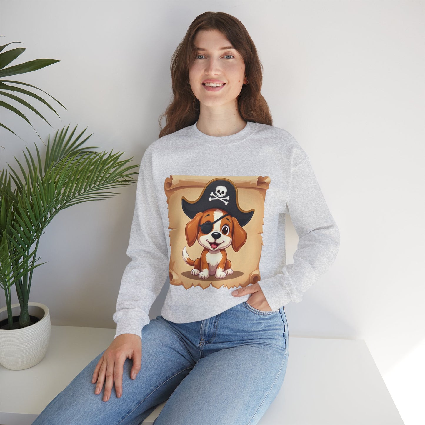 Pirate Dog Crewneck Sweatshirt - Buccaneer Beagle Design with Patch and Hat