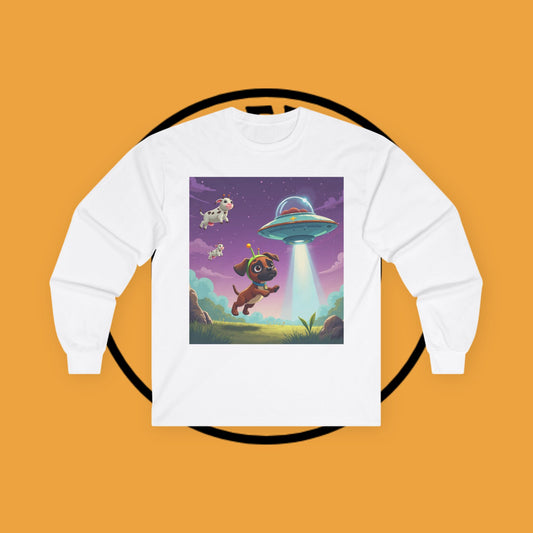 Cute Alien UFO Puppy & Flying Cow Long Sleeve Tee - Whimsical Space Adventure Shirt