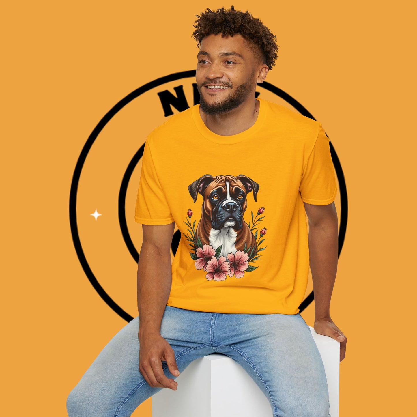 Boxer Dog Floral Portrait T-Shirt - Elegant Botanical Art Design Tee for Dog Lovers