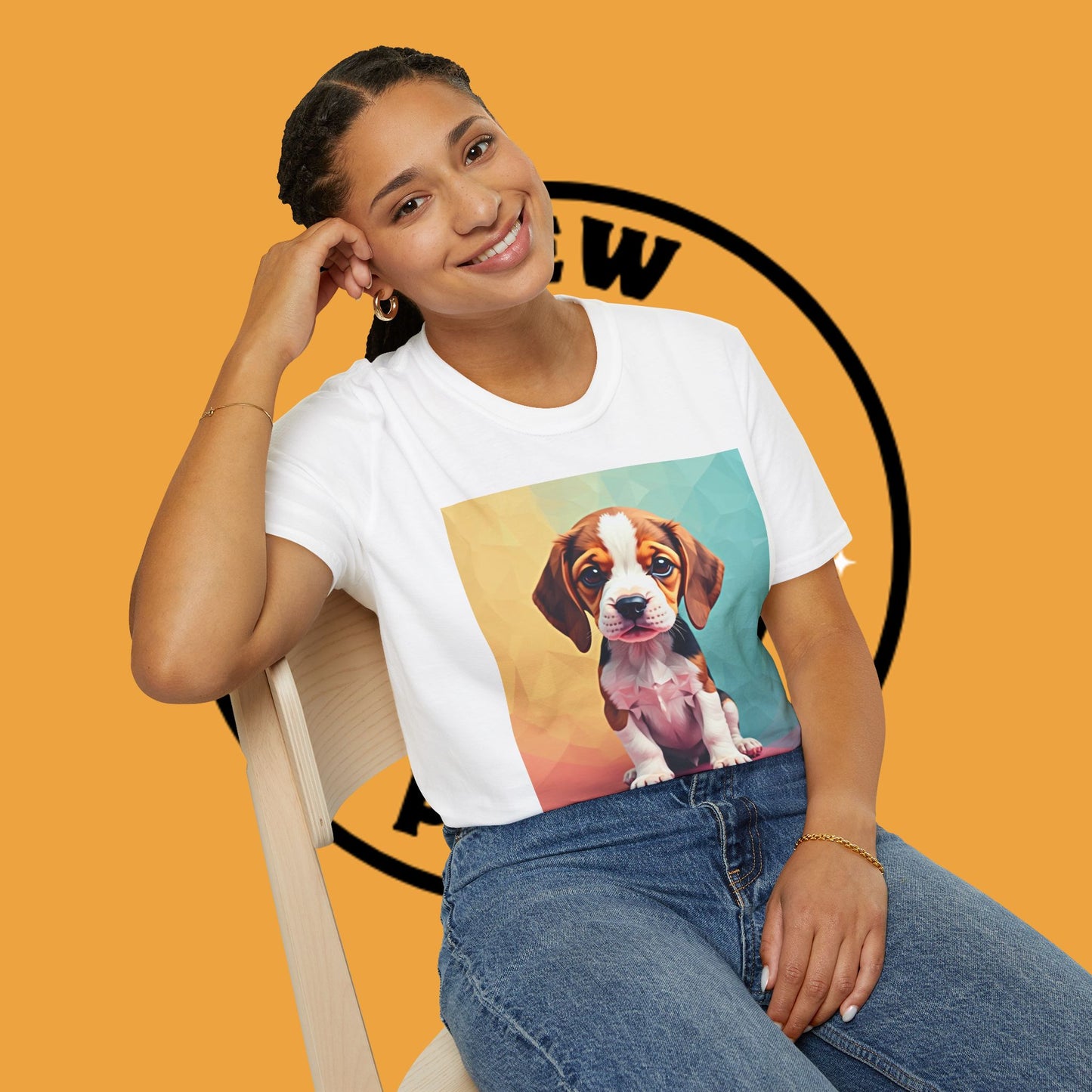 Modern Art Beagle Puppy T-Shirt - Geometric Low Poly Dog Design with Rainbow Background