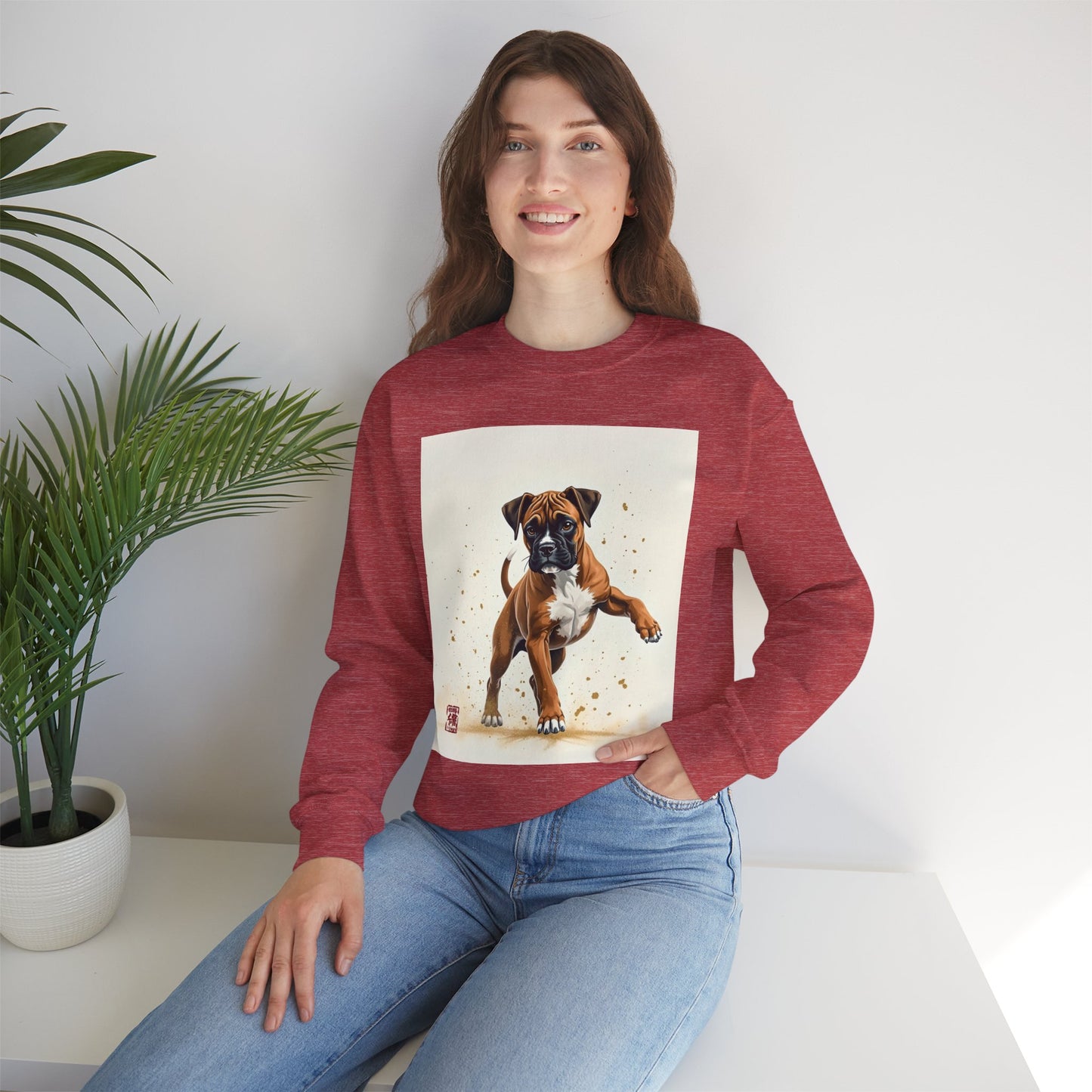 Running Boxer Puppy Crewneck Sweatshirt | Artistic Dog Lover Gift | Dynamic Movement Design