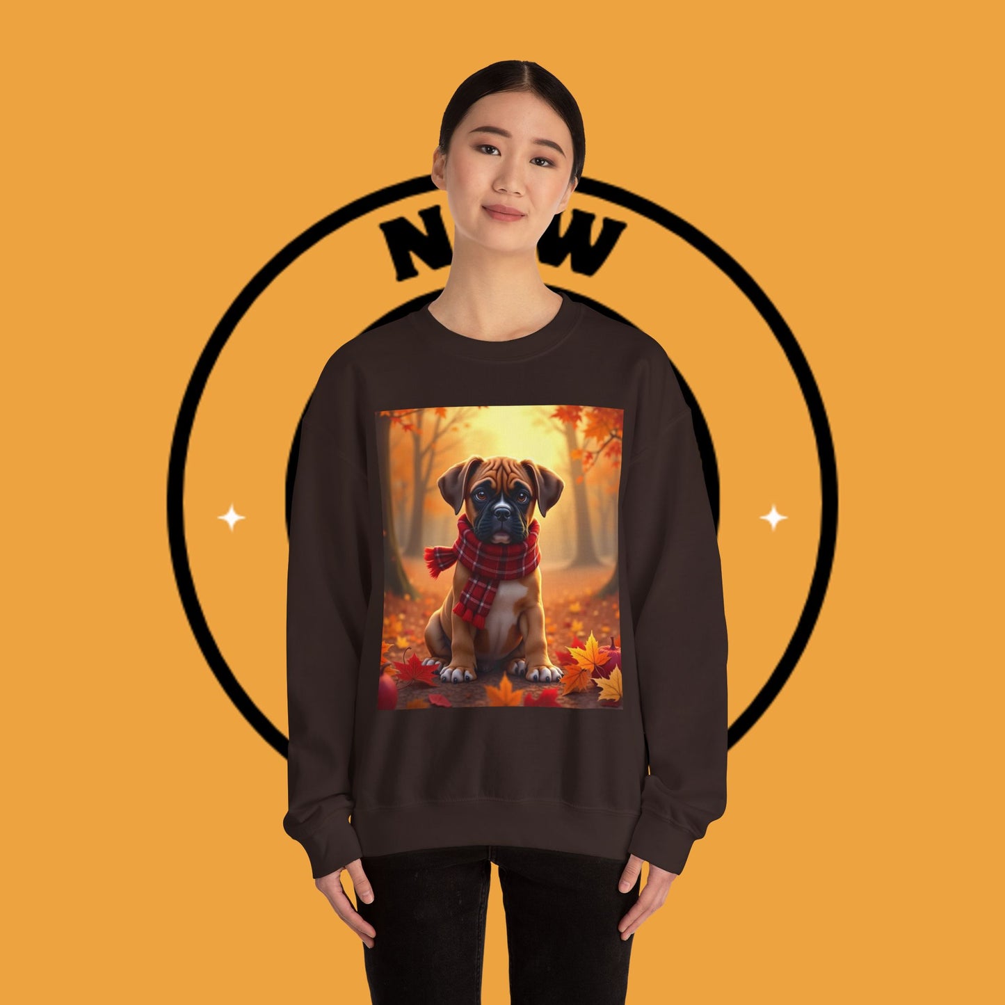 Cute Boxer Puppy Autumn Crewneck Sweatshirt | Fall Dog Lover Gift | Cozy Plaid Scarf Design
