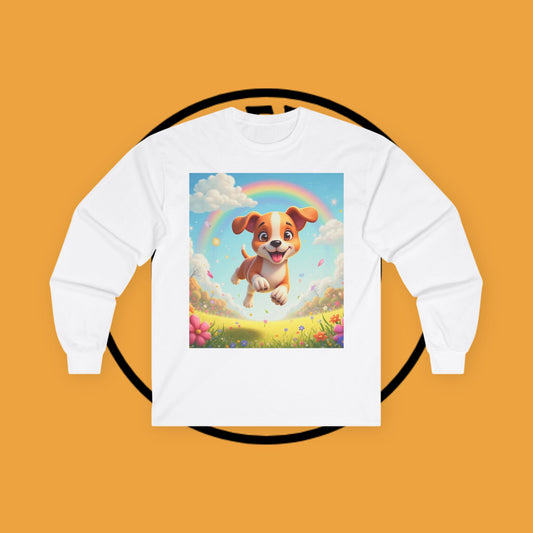 Happy Puppy Rainbow Jumping Spring Flowers Long Sleeve Shirt