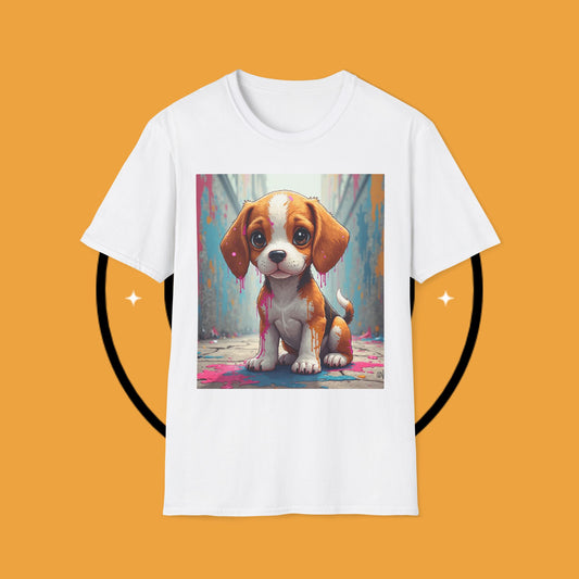 Beagle Street Art T-Shirt - Urban Paint Splatter Dog Design | Artistic Puppy Graffiti Tee for Creative Souls