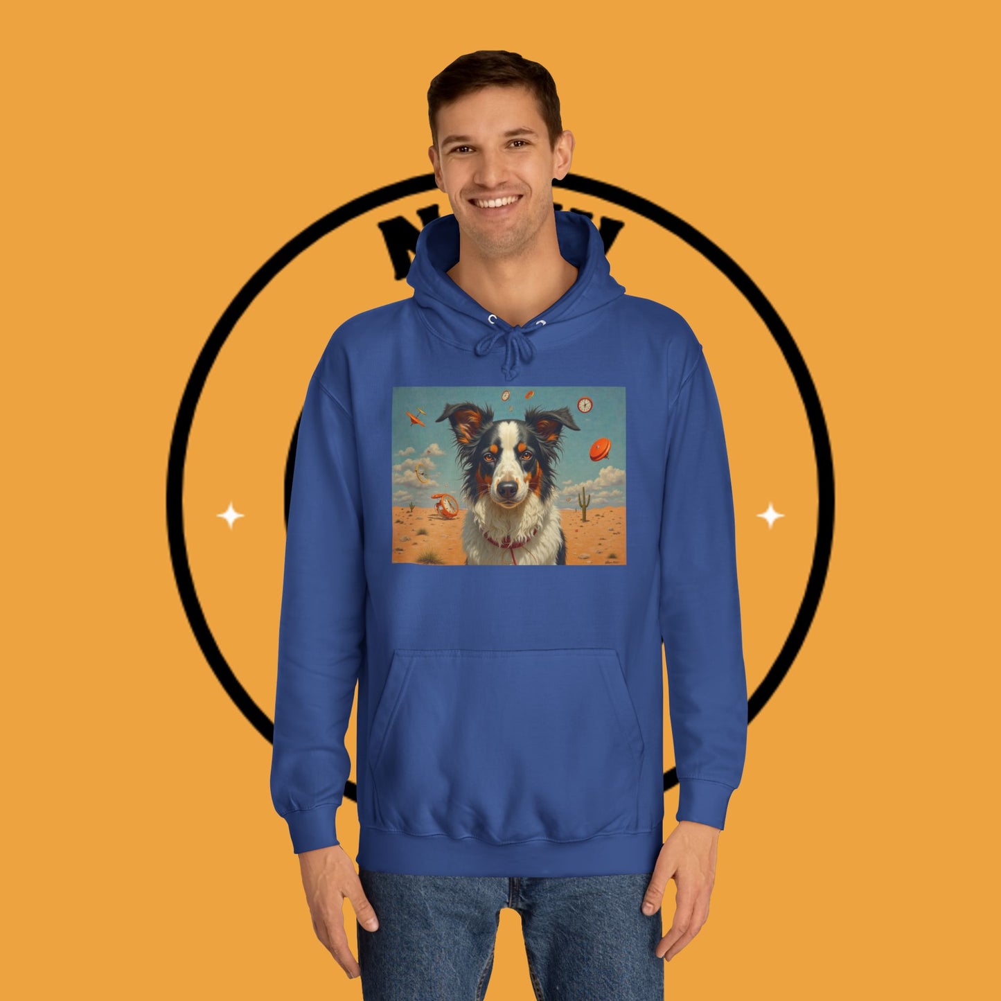 "Surreal Border Collie Time Desert Hoodie - Flying Clocks Artistic Dog Sweatshirt | Dreamlike Fantasy Design"