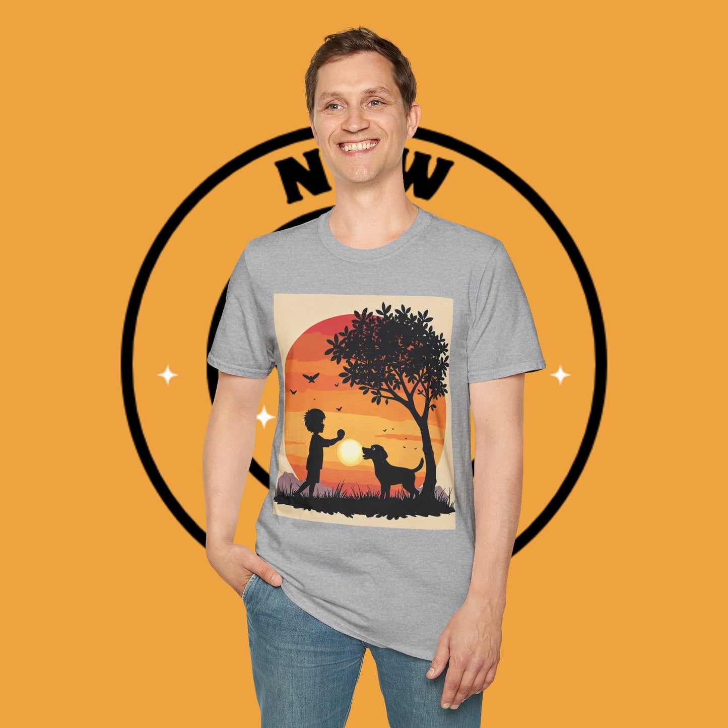 Playing with paws - Dog -  Unisex T-Shirt Design - Sunset Playmates 🌅 | Heartwarming Silhouette T-Shirt for Dog Lovers"