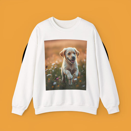 Unisex Dog Lover Crewneck Sweatshirt - Playful Labrador Puppy Running Through Wildflower Meadow