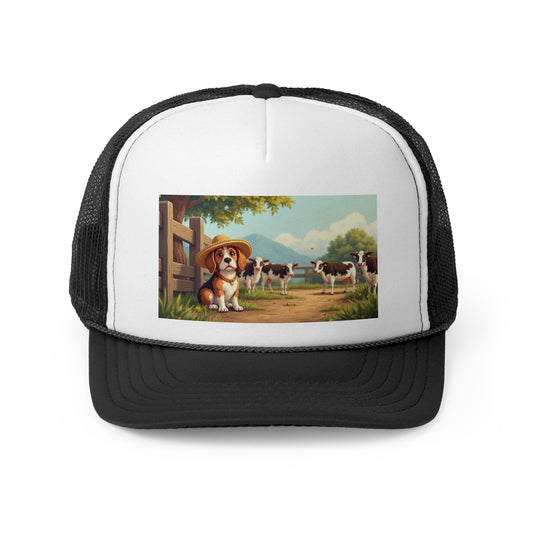 Farm Beagle with Straw Hat and Cows Trucker Hat - Country Dog Lover Cap - Adorable Dog Lover Unisex Cap