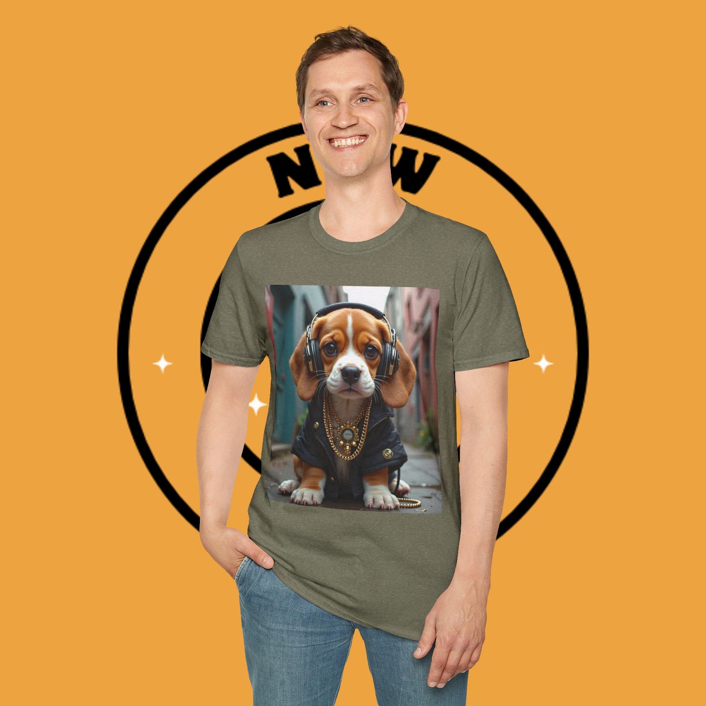 Hip Hop Beagle Dog T-Shirt - Cool Puppy with Headphones & Gold Chains Graphic Tee