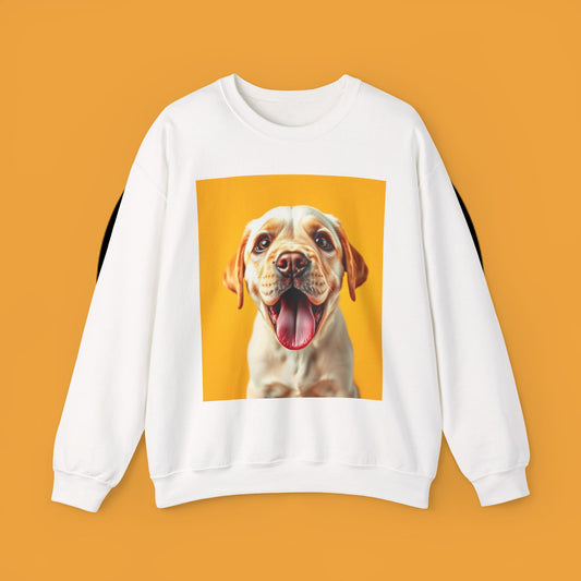 Unisex Dog Lover Crewneck Sweatshirt - Smiling Yellow Lab on vibrant yellow background