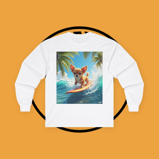 Surfing Chihuahua Long Sleeve Tee - Tropical Beach Dog Paradise Art