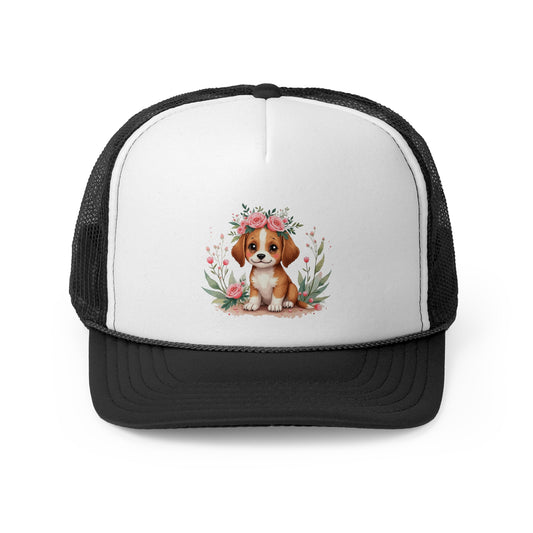 Cute Beagle Puppy with Pink Roses Floral Crown Trucker Hat - Adorable Dog Flower Crown Cap | Sweet Pet Lover Gift | Feminine Snapback