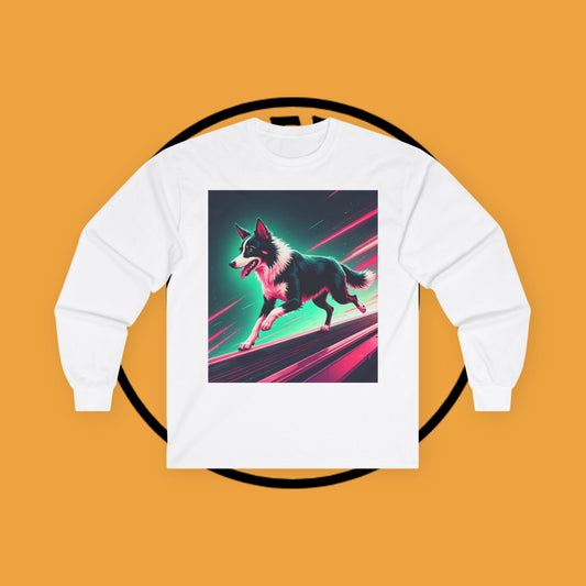 "Neon Speed Dog Long Sleeve Tee - Cyberpunk Running Border Collie Shirt - Futuristic Animal Art Apparel"