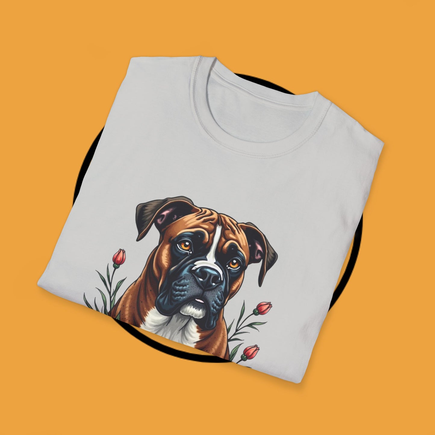 Boxer Dog Floral Portrait T-Shirt - Elegant Botanical Art Design Tee for Dog Lovers