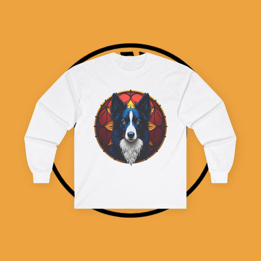 "Mystical Border Collie Stained Glass Long Sleeve Tee - Sacred Geometry Spirit Animal Shirt - Gothic Fantasy Apparel"