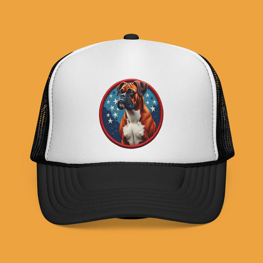 "Americana Boxer Dog Patch Trucker Cap - Patriotic Stars Design | USA Flag Colors Snapback Hat | Military Style Baseball Cap"