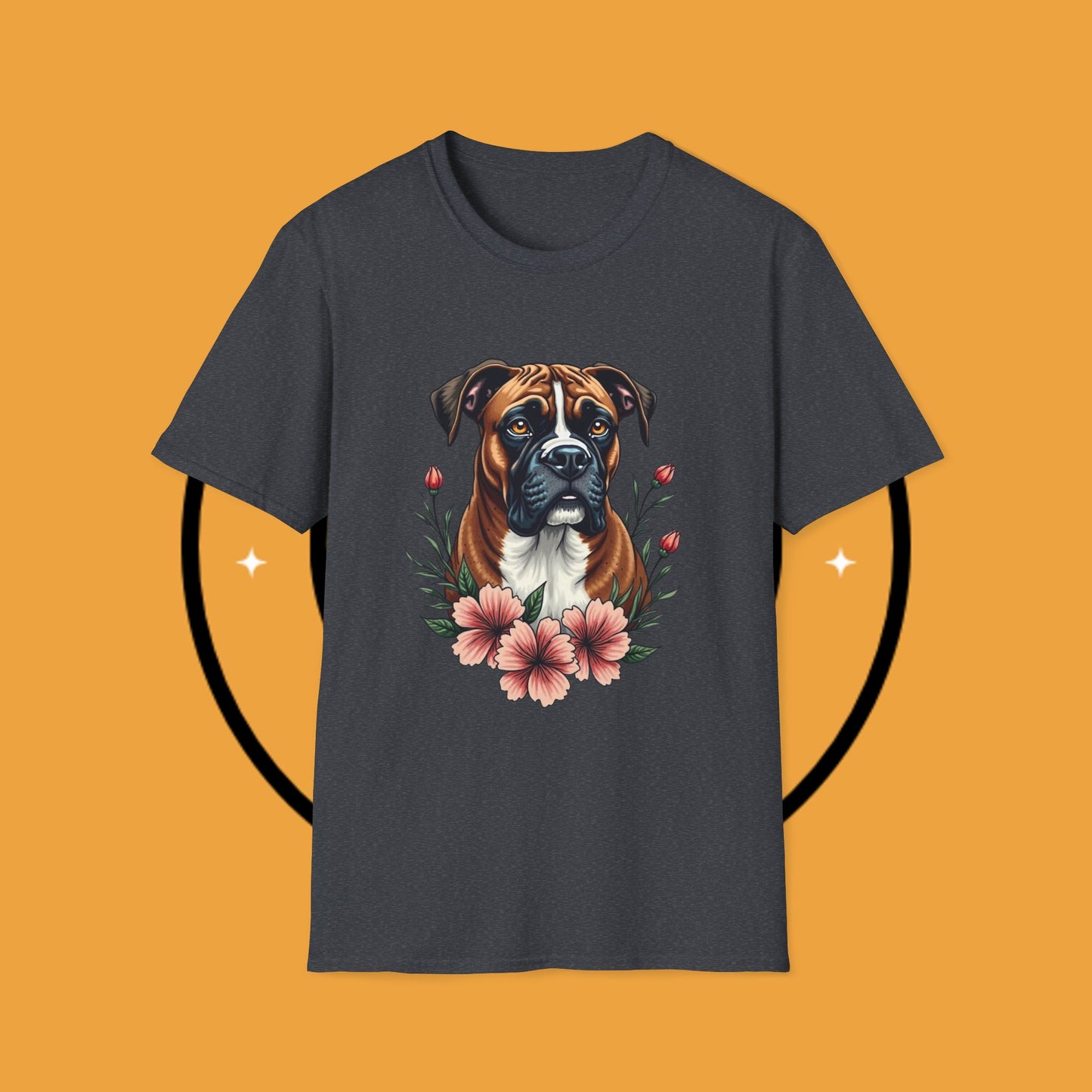 Boxer Dog Floral Portrait T-Shirt - Elegant Botanical Art Design Tee for Dog Lovers