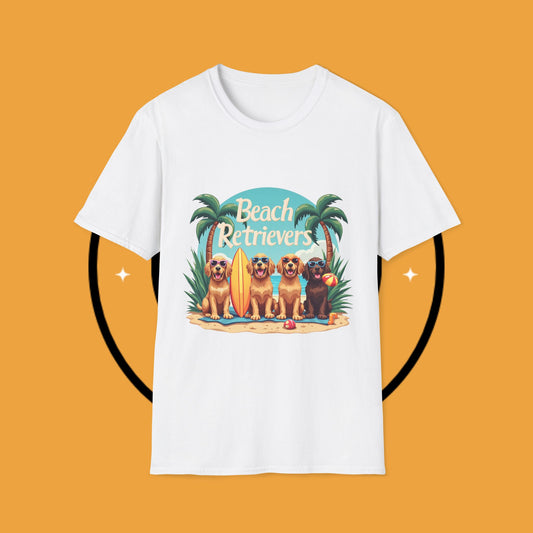 Beach Barks & Sunshiny Paws 🌴 | Retriever Squad T-Shirt for Coastal Canine Lovers - Beach Retrievers - Unisex T-Shirt Design