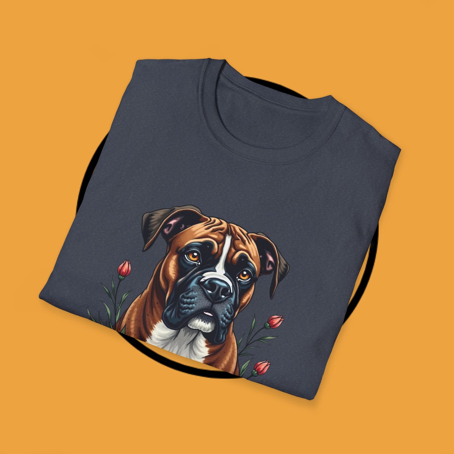 Boxer Dog Floral Portrait T-Shirt - Elegant Botanical Art Design Tee for Dog Lovers