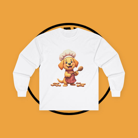 Chef Dog Long Sleeve T-Shirt - Puppy with Chef Hat and Apron - Design for Food, Cooking, and Pet Lovers 🐾🍳