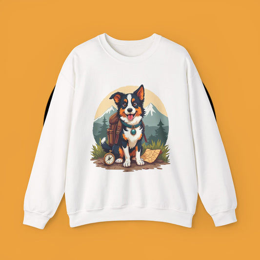 Adventure Dog Hiking Crewneck Sweatshirt - Mountain Explorer Border Collie Design | Outdoor Lover Gift