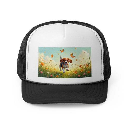 Beagle Puppy Running Through Butterfly Garden Trucker Hat - Whimsical Dog Lover Cap - Adorable Dog Lover Unisex Cap
