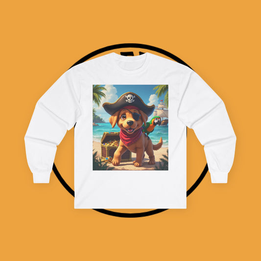 Adventurous Pirate Puppy Long Sleeve T-Shirt - Dog Design with Pirate Hat and Tropical Treasure Long Sleeve T-Shirt for Adventure Lovers 🏴☠️🦜