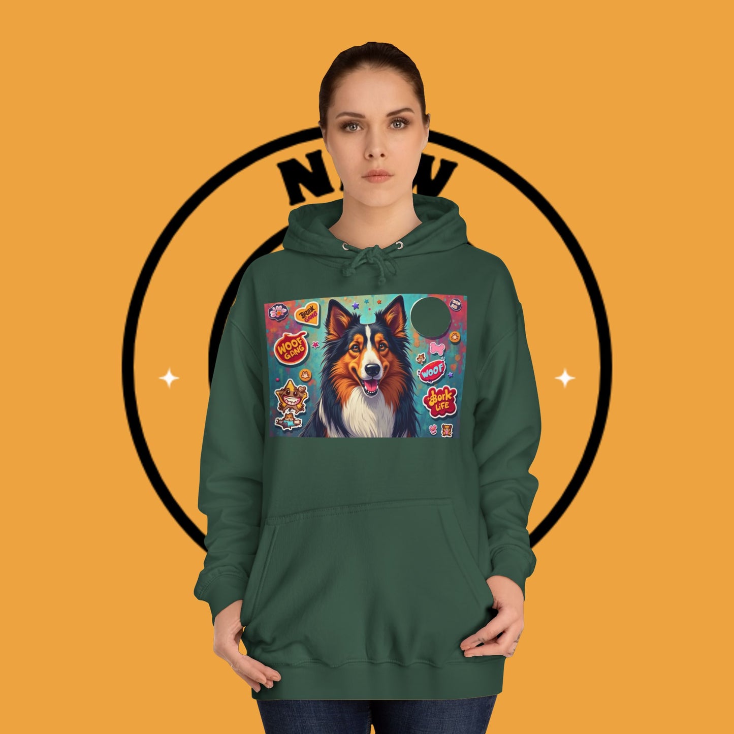 "Dog Sticker Pack Hoodie - Vibrant Collie with Fun Dog Patches Design | Millennial Pet Lover Streetwear"
