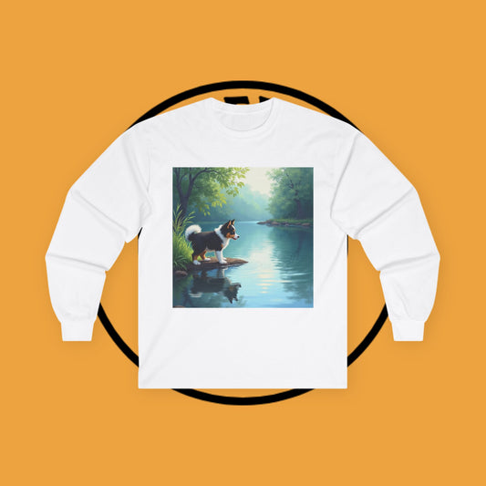 "Adorable Puppy by Tranquil Lake Long Sleeve Tee - Peaceful Nature Dog Art Shirt - Serene Landscape Apparel"