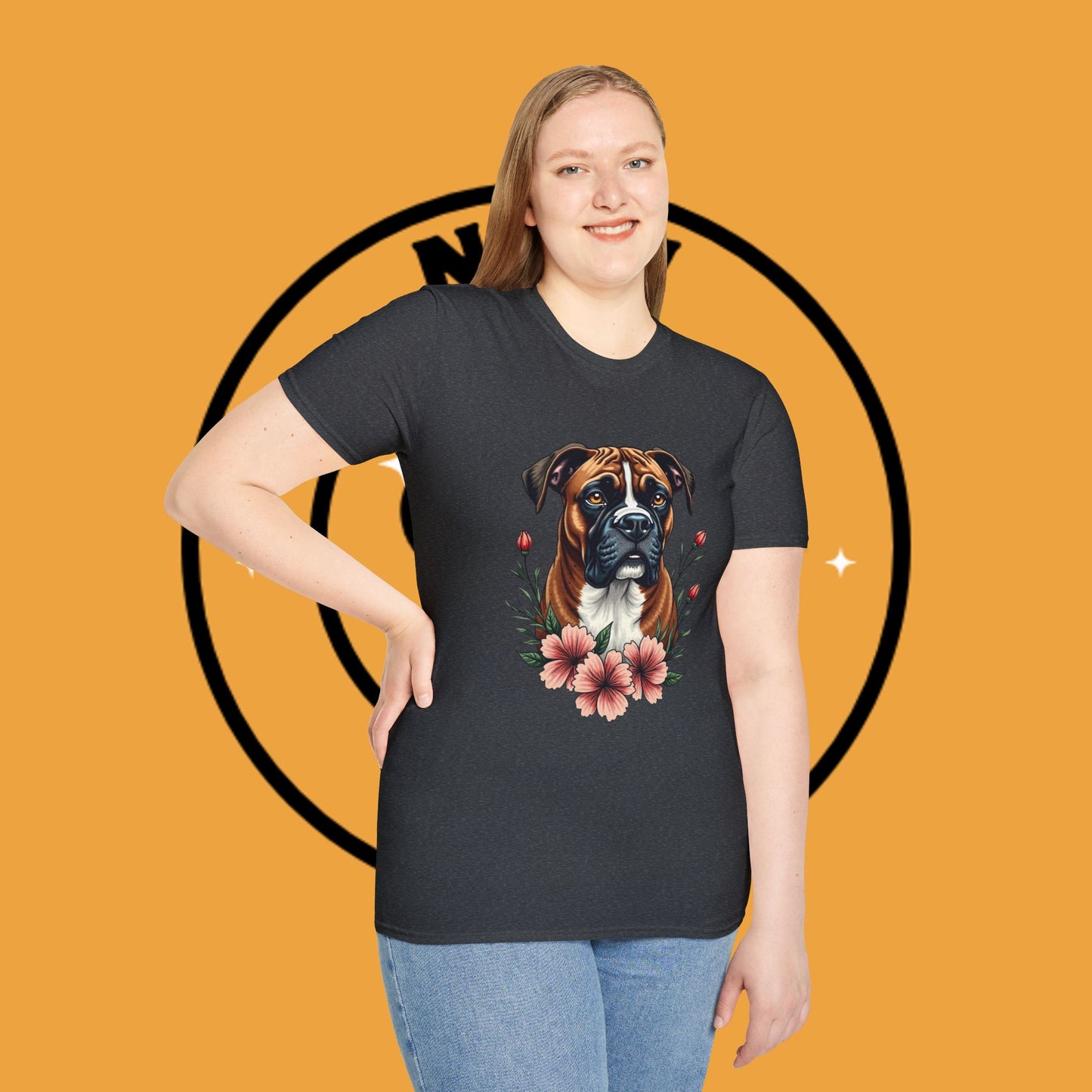 Boxer Dog Floral Portrait T-Shirt - Elegant Botanical Art Design Tee for Dog Lovers