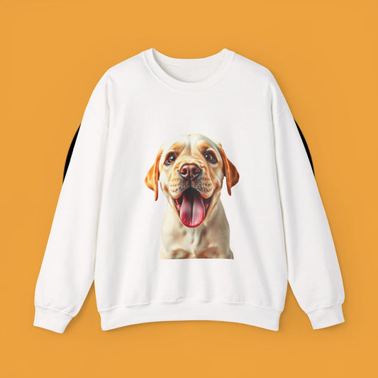 Unisex Dog Lover Crewneck Sweatshirt - Smiling Yellow Lab on vibrant yellow background