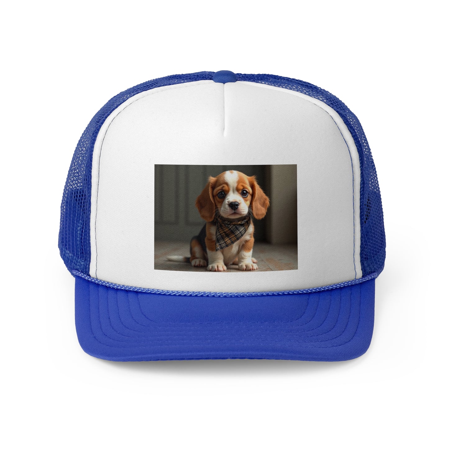 Stylish Beagle Puppy with Plaid Bandana Trucker Hat - Premium Dog Lover Cap - Adorable Dog Lover Unisex Cap