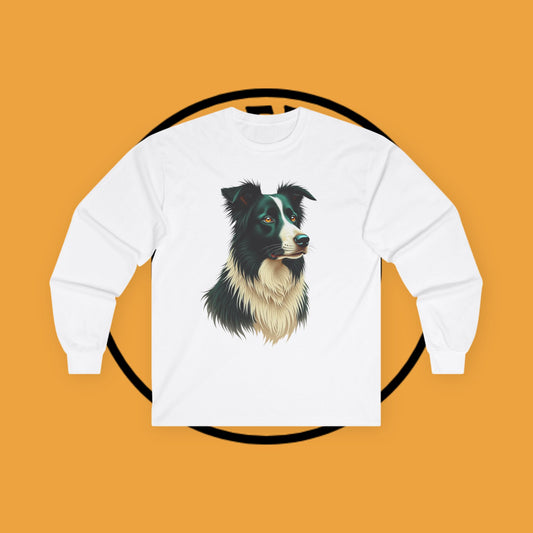 "Majestic Border Collie Portrait Long Sleeve Tee - Realistic Dog Art Shirt - Premium Canine Breed Apparel"