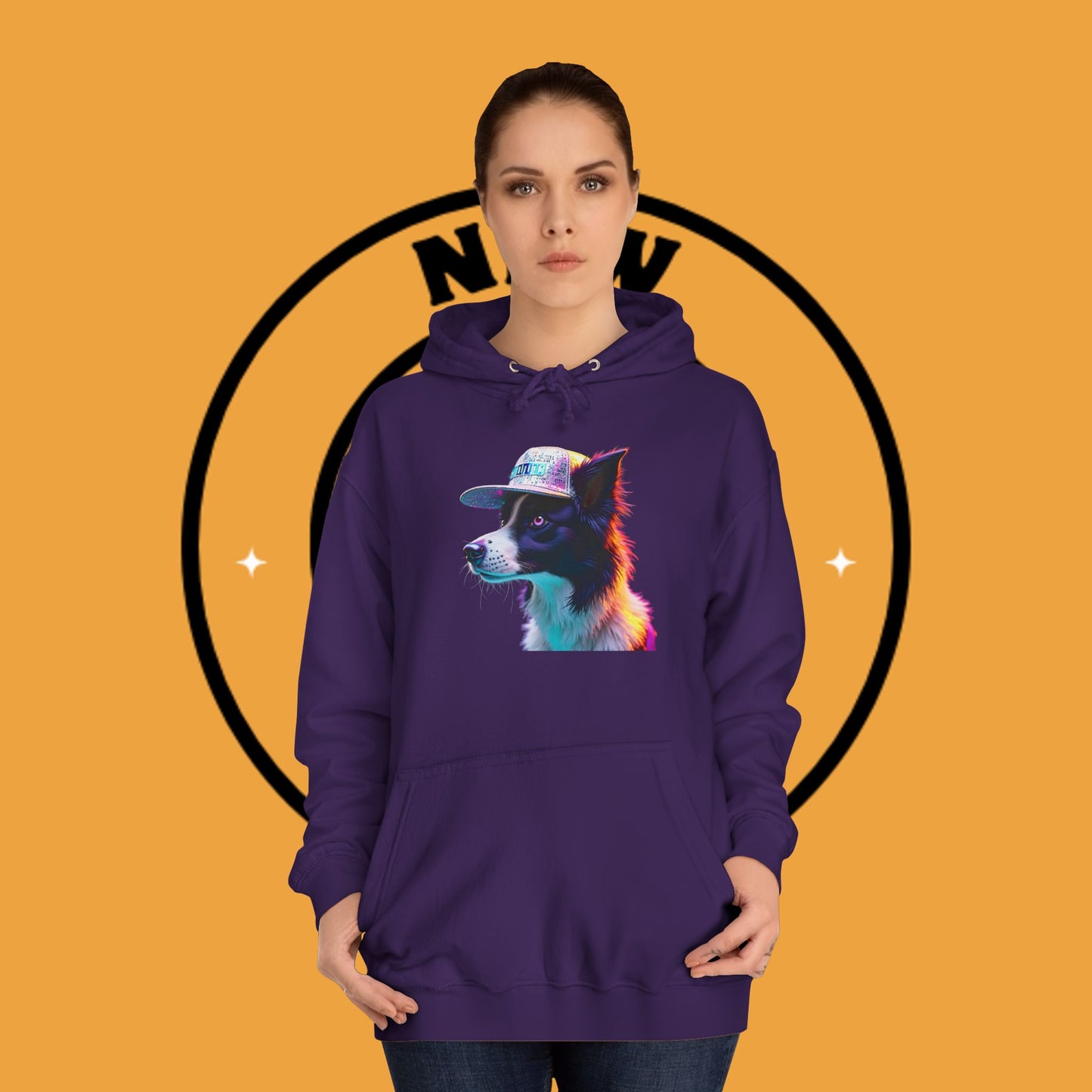 "Neon Rainbow Dog Hoodie - Vibrant Border Collie Street Art Design | Unisex Premium Streetwear"