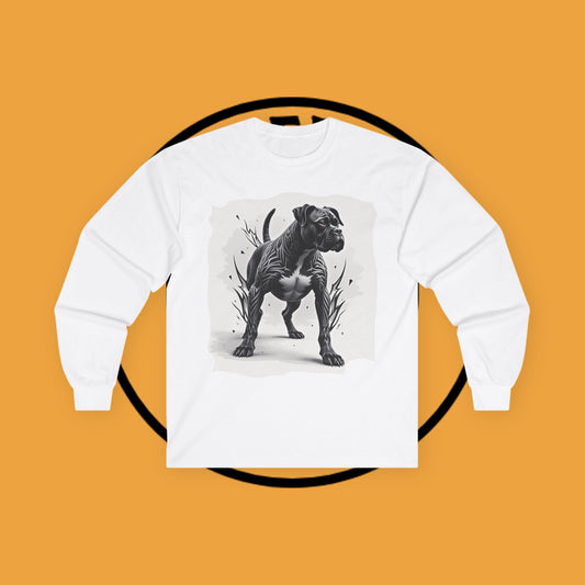 Tribal Tattoo Style Boxer Dog Long Sleeve T-Shirt - Bold Black & White Art Design