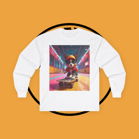 "Cool Skateboarding Puppy Long Sleeve Tee - Urban Street Art Dog Shirt - Cyberpunk Neon Skater Apparel"