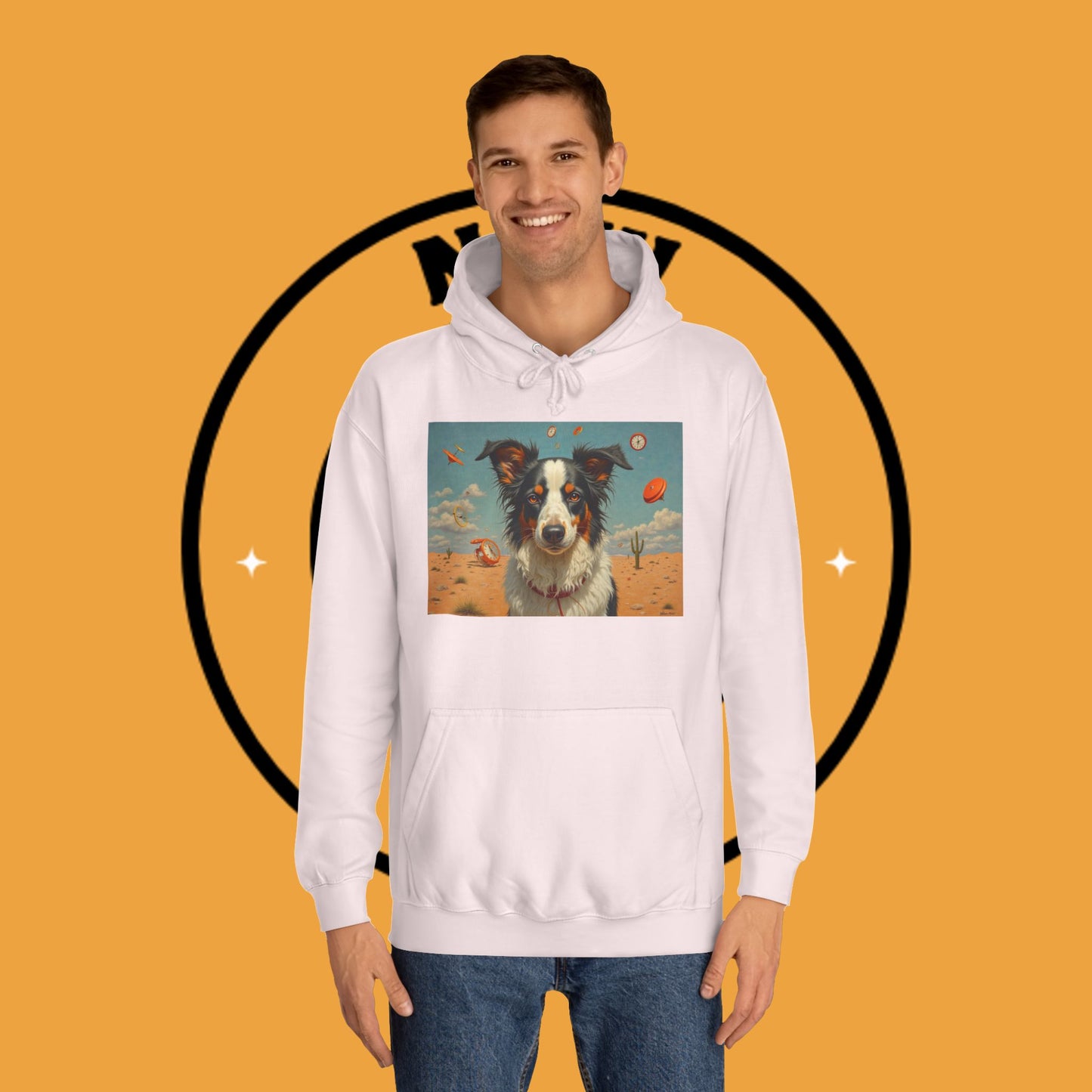"Surreal Border Collie Time Desert Hoodie - Flying Clocks Artistic Dog Sweatshirt | Dreamlike Fantasy Design"