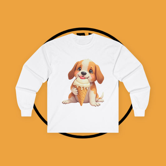 Cute Puppy Dog Eating Ice Cream Cone - Adorable Animal Long Sleeve Shirt - Funny Pet Lover Gift Tee