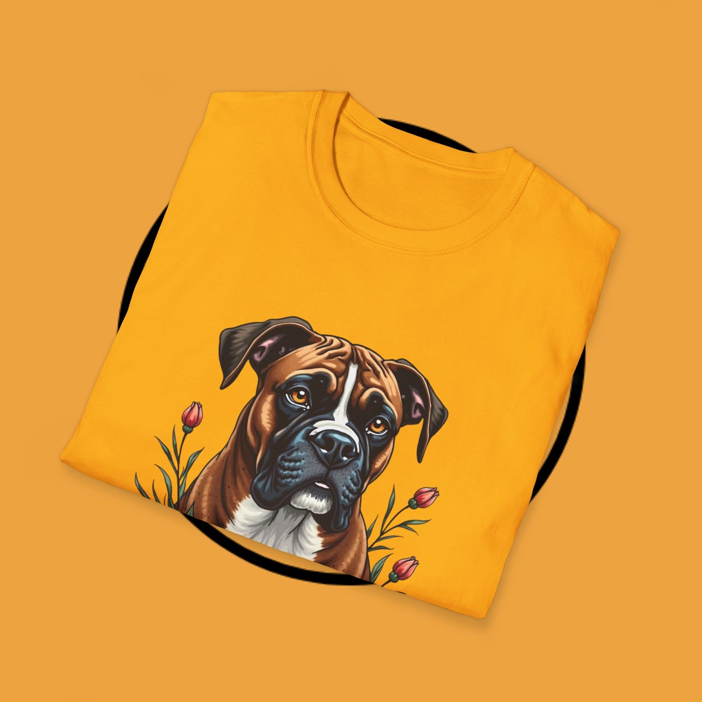 Boxer Dog Floral Portrait T-Shirt - Elegant Botanical Art Design Tee for Dog Lovers