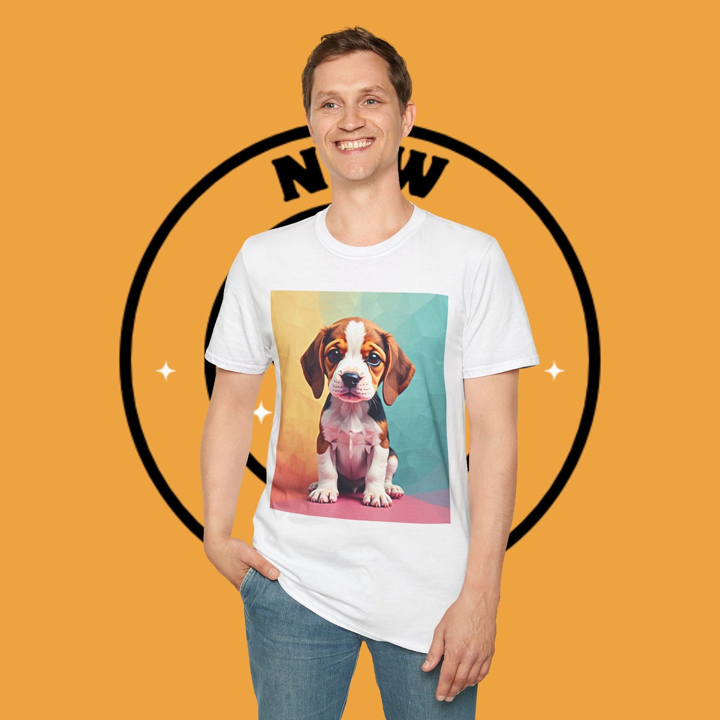Modern Art Beagle Puppy T-Shirt - Geometric Low Poly Dog Design with Rainbow Background