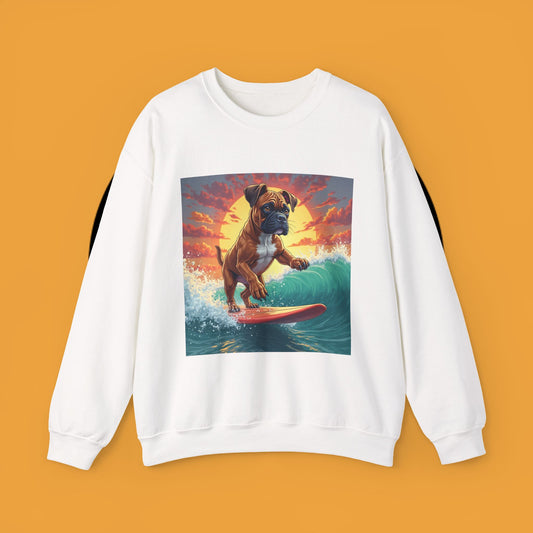 Surfing Boxer Dog Crewneck Sweatshirt | Funny Beach Surfer Gift | Epic Wave Riding Pup Design