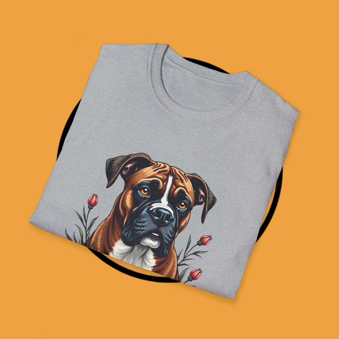 Boxer Dog Floral Portrait T-Shirt - Elegant Botanical Art Design Tee for Dog Lovers