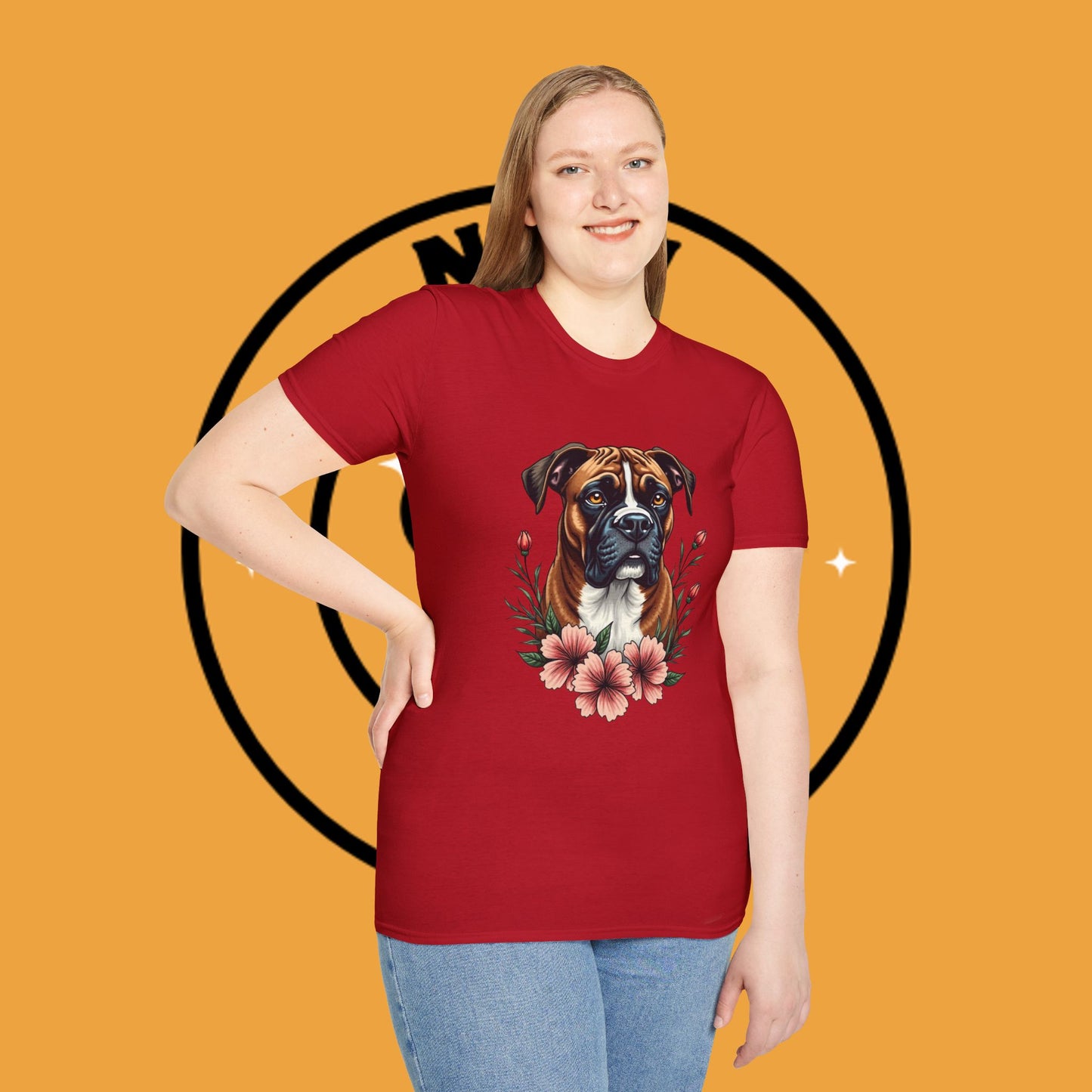 Boxer Dog Floral Portrait T-Shirt - Elegant Botanical Art Design Tee for Dog Lovers