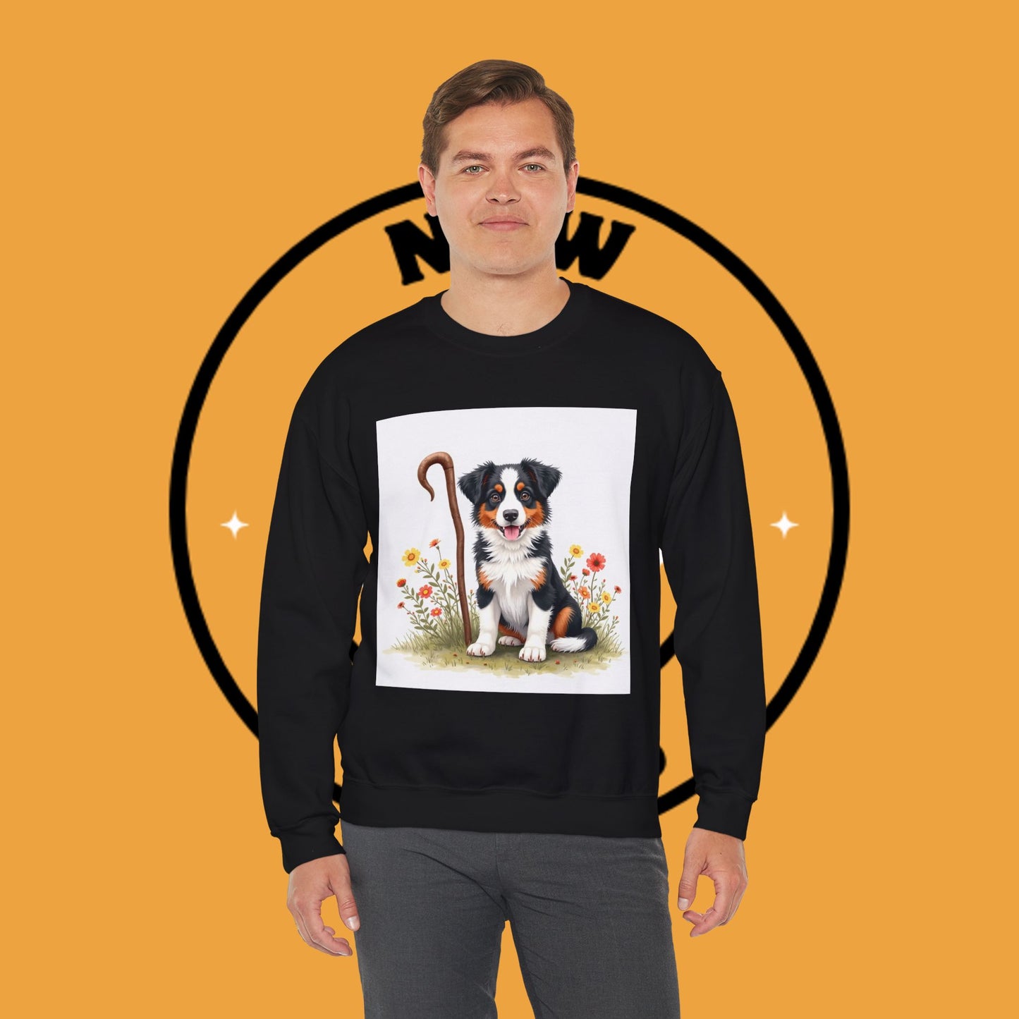 Border Collie Puppy Shepherd's Crook Crewneck Sweatshirt - Pastoral Dog Art | Farm Life Gift