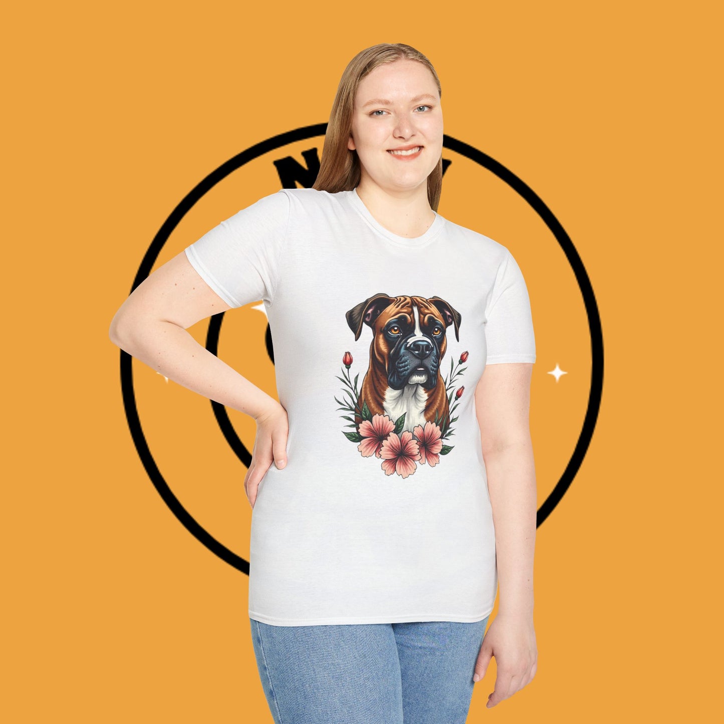 Boxer Dog Floral Portrait T-Shirt - Elegant Botanical Art Design Tee for Dog Lovers