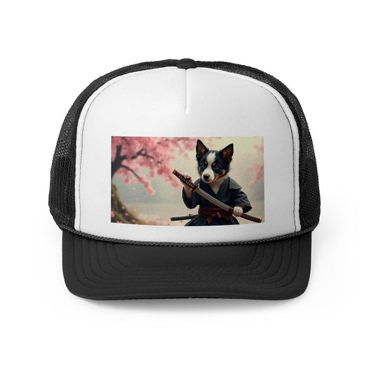 Samurai Puppy Trucker Hat - Japanese Warrior Dog Cap - Cherry Blossom Ninja Baseball Hat