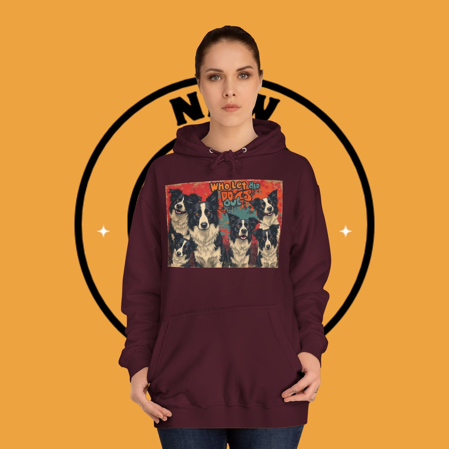 "Who Let the Dogs Out Border Collie Hoodie - Funny 90s Nostalgia Dog Pack Sweatshirt | Retro Music Design"
