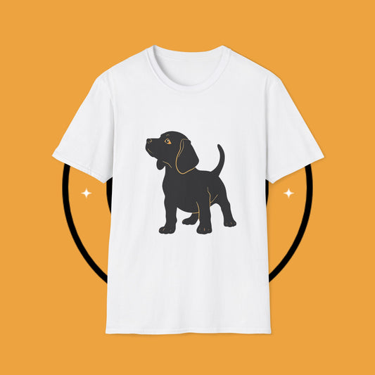 Minimalist Black Beagle Puppy T-Shirt - Simple Dog Silhouette Design | Modern Pet Lover Tee with Gold Accents