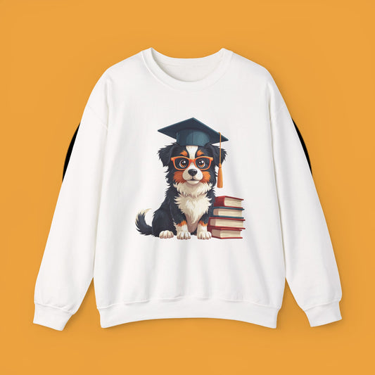 Graduation Dog Crewneck Sweatshirt - Smart Puppy Graduate Cap Books | Academic Achievement Gift