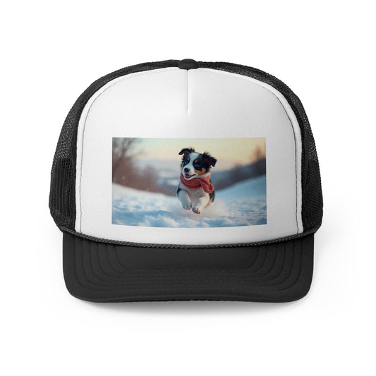 Winter Puppy Trucker Hat - Cozy Dog in Snow Cap - Adorable Scarf Puppy Baseball Hat